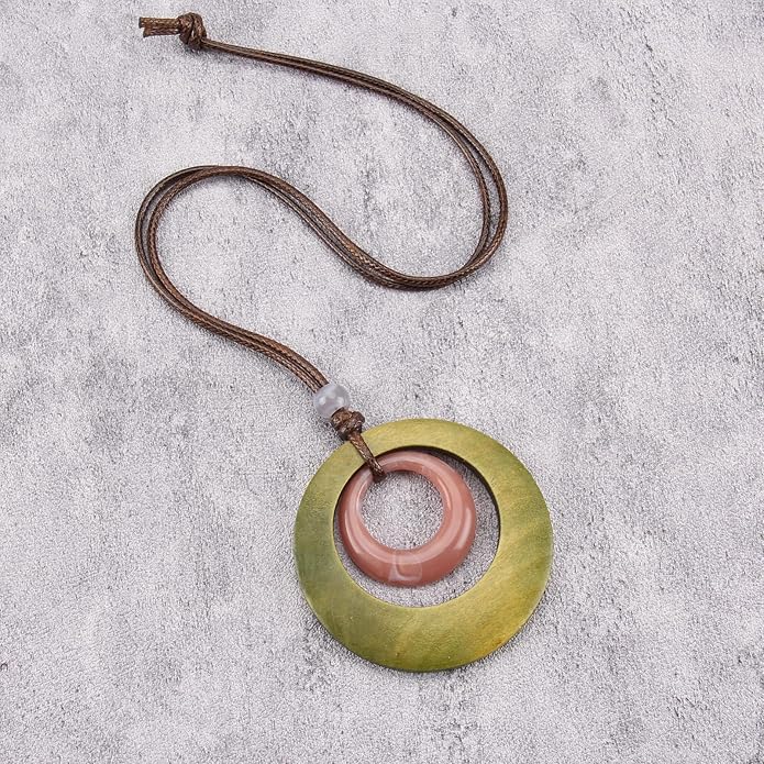 Long Boho Necklaces for Women Vintage Leather Wooden Pendant Y Choker Ethnic Style Gold Circle Hippie Sweater Necklace