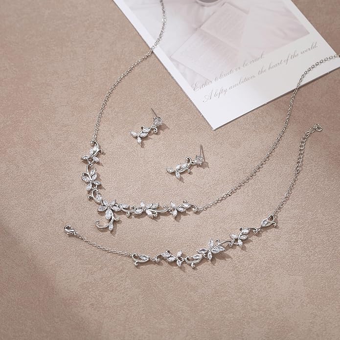 Crysdue Flower Leaf Wedding Jewelry Set for Bridal Bridemaid, Cubic Zirconia Teardrop Elegant Silver/14K/Rose Gold Plated Vine Necklace Dangle Earrings for Prom Party