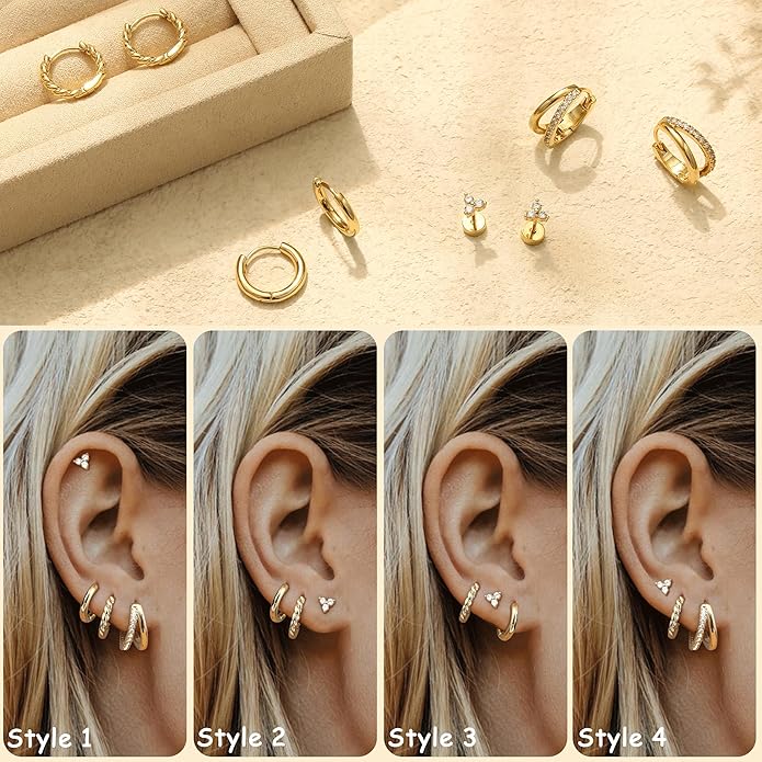 BESTEEL Small Hoop Earrings for Women - Hypoallergenic 14K Gold Plated Surgical Steel Chunky Huggie Earings Stacks Set Dainty Cute Cartilage Flat Back Stud Jewelry Trendy Gift 4 Pairs