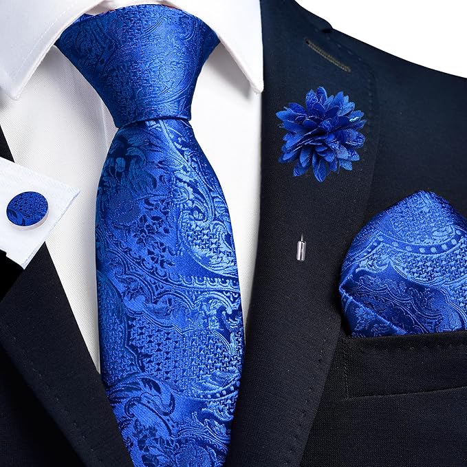 GUSLESON 8cm Paisley Tie Set for Men Necktie Lapel Pin Pocket Square Cufflinks Set for Men