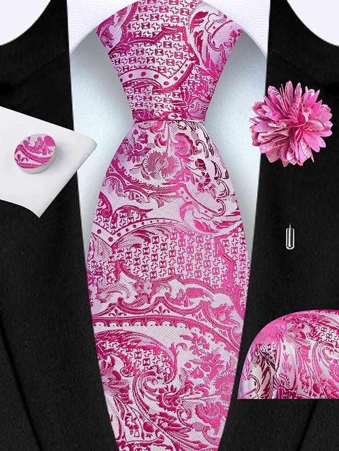 GUSLESON 8cm Paisley Tie Set for Men Necktie Lapel Pin Pocket Square Cufflinks Set for Men