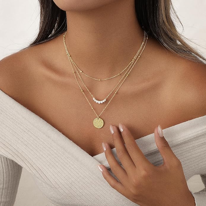 Layered Gold Necklace for Women Trendy 14K Gold Plated Heart CZ Pendant Layered Gold Necklaces Set Coin Choker Necklaces Simple Circle Cubic Zirconia Pearl Necklace Stack Herringbone Paperclip Chain Jewelry Set