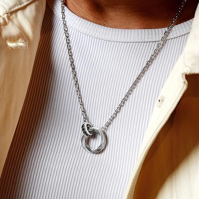 BRAYEG Möbius Strip Men's Necklace, Double Ring Black Onyx Pendant Necklace for Men, Silver Interlocking Circle Mens Necklaces holiday,Jewelry Gift for Him Boyfriend Husband (22+2Inchs)
