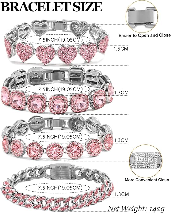 shopbyskyler 4PCS Gold Bracelets for Women Silver Clustered Tennis Bracelet for Women Heart Round Diamond Cuban Bracelet Layered Link Bracelet Set Fashion Jewelry for Women Set