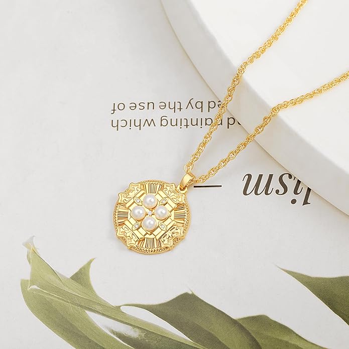 CANEVINKA 18K Gold Plate Coin Pendant Necklace for Women Dainty Compass Sunflower Necklaces Personalized Chain Layered Jewelry