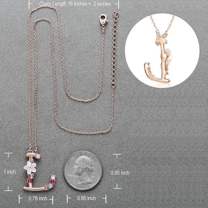 Flower Initial Letter Necklace Pink Red Blue Simulated Pearl Pendant Name Jewelry Made with Austrian Crystals Rose Gold Plated Anniversary Birthday Gifts for Women,18"+2"