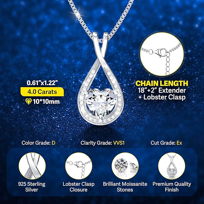 Infinity Heart 1-4 Carat Moissanite Necklace pendant for Women – Sterling Silver Pendant, Love Necklace Gift for Her, Anniversary Jewelry, Valentines Jewelry, Gift for Wife, Mom, or Girlfriend