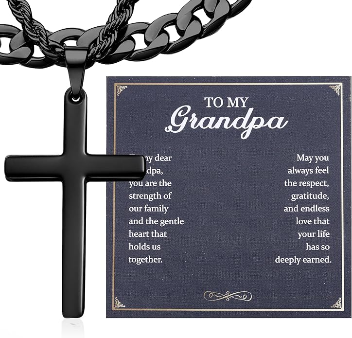 TEN MIRO Silver/Black Cross Necklace for Men Boy Stainless Steel Cross Pendant Necklace for Men Christian Religious Jewelry with Box & Card Birthday Anniversary Christmas Father's Day Gifts for Him