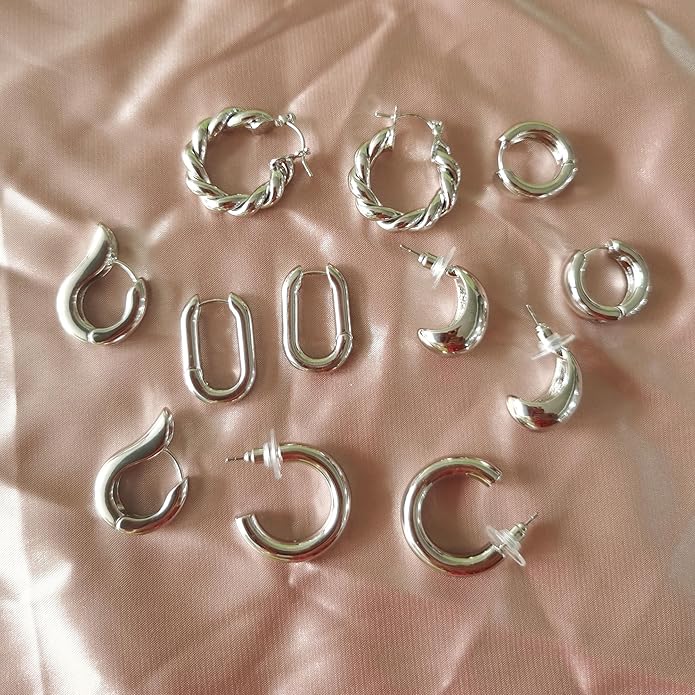 6 Pairs Gold Hoop Earrings for Women, 14K Gold Plated Huggie Hoop Earrings Set Hypoallergenic Lightweight Chunky Open Hoops Jewelry for Gift