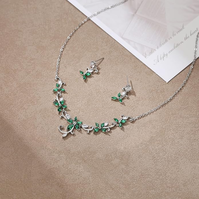 Crysdue Flower Leaf Wedding Jewelry Set for Bridal Bridemaid, Cubic Zirconia Teardrop Elegant Silver/14K/Rose Gold Plated Vine Necklace Dangle Earrings for Prom Party