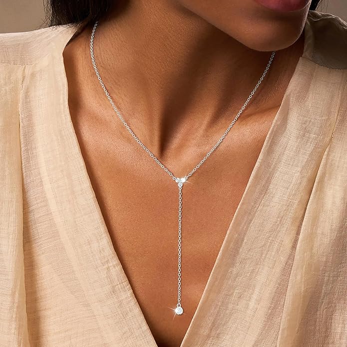 Lariat Gold Necklaces for Women Trendy Dainty Long Necklace 14k Gold Plated/Silver Layered Drop Beaded Chain Necklaces Y-shaped Pendant Necklace Simple Gold Jewelry Gifts