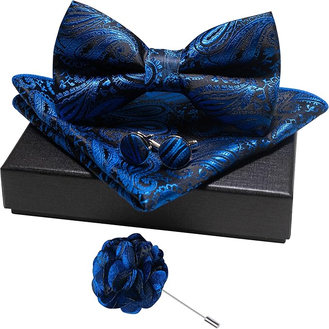 JEMYGINS Mens Paisley Bow Tie and Lapel Pin Necktie Pocket Square and Tie Clip with Sets for Business Casual 4PCS