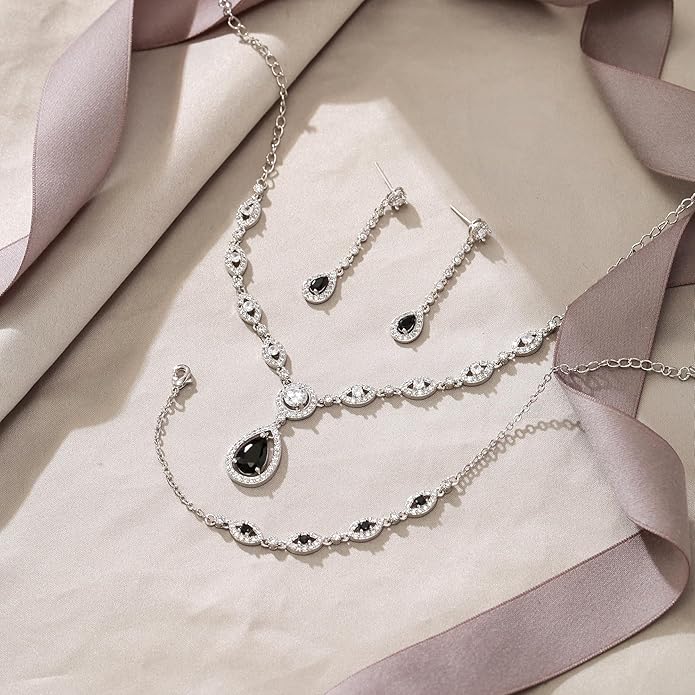 EVER FAITH Bridal Jewelry Set for Women, Stunning Teardrop Cubic Zirconia Birthstone Necklace Bracelet Earrings Sets Gift for Mothers Day/Valentines/Birthday/Christmas