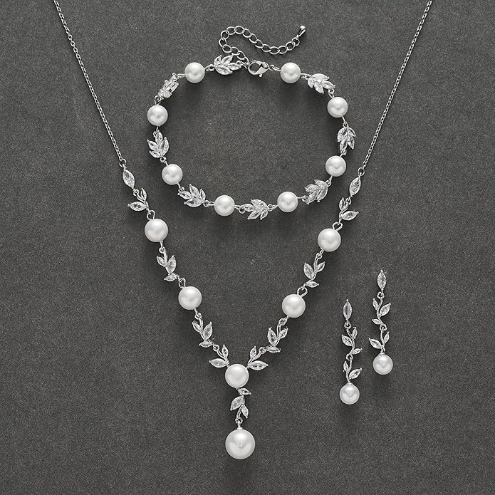 SWEETV Jewelry Set for Bride Women, Cubic Zirconia Pearl Bridal Earrings Necklace Bracelet Set, Bridal Jewelry Set for Wedding Prom