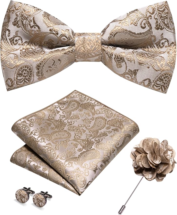 JEMYGINS Paisley Pre-tied Bow Tie and Pocket Square Cufflinks Lapel Pin Sets for Men 4PCS