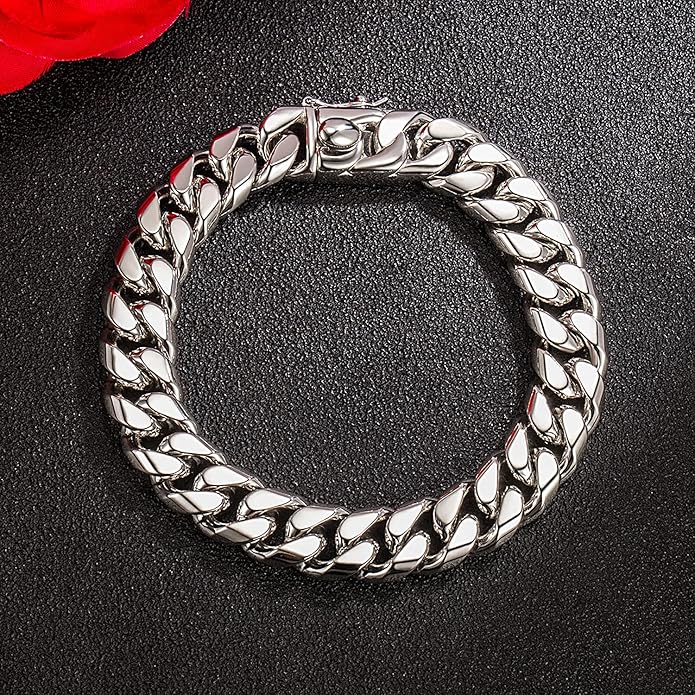 Fashion 925 Sterling Silver Solid Miami Cuban Link Chain Bracelet 8MM-12MM-14MM Curb Cuban Solid Thick Big Link Bracelet For Men 7-10 Inch Jewelry Gift