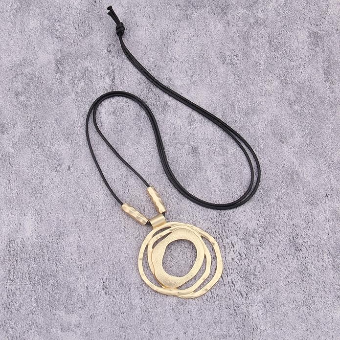 Long Boho Necklaces for Women Vintage Leather Wooden Pendant Y Choker Ethnic Style Gold Circle Hippie Sweater Necklace