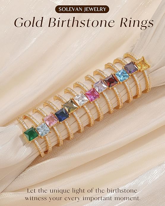SOLEVAN Birthstone Gold Rings for Women Non Tarnish 14K Gold Plated Stackable Cubic Zirconia Thumb Rings Dainty Cute Emerald Eternity Band Pinky Ring Engagement Wedding Promise Rings Jewelry Gifts