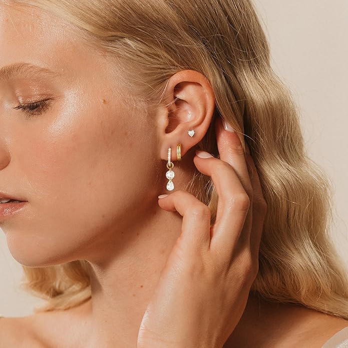 3 Pairs Earrings Set for Multiple Piercings, Gold Plated Studs Hoop Earrings Stack, CZ Dangle Earrings Set, Hypoallergenic for Sensitive Ears, Women's Gift