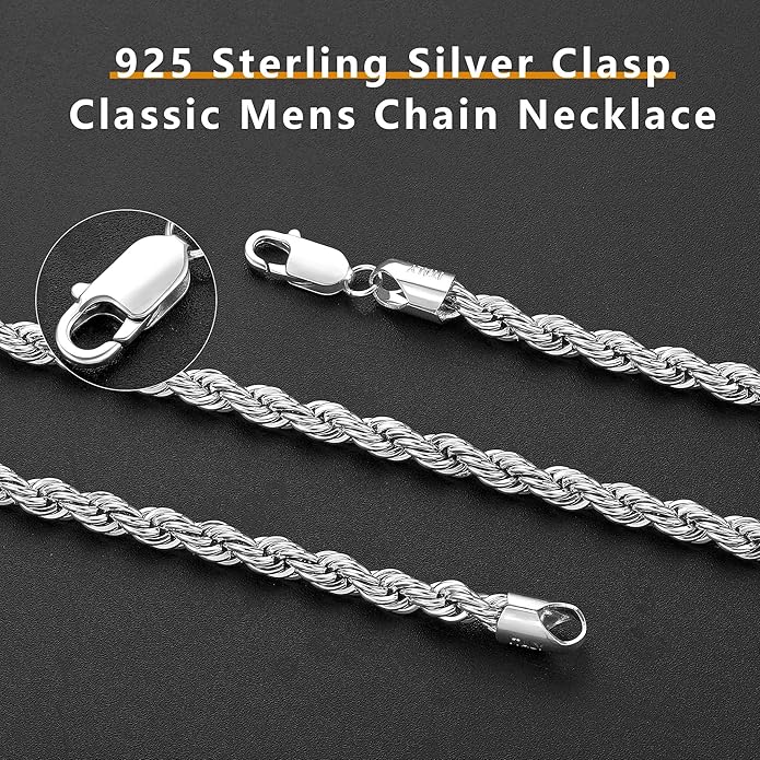 BRIJEWNES 925 Sterling Silver Clasp 2/2.5/3/4/5mm Silver Chain for Men Mens Necklace Rope Chain Necklace Diamond Cut Silver Mens Chain Necklace 16 18 20 22 24 26 28 30 Inches