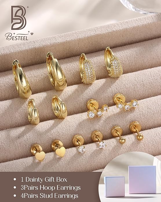 Hypoallergenic 14K Gold Plated Hoop Stud Earrings for Women Surgical Stainless Steel Flat Back Earrings Lightweight Small Chunky Huggie Hoops Cartilage Earring Stacks for Multiple Piercing Women Gifts