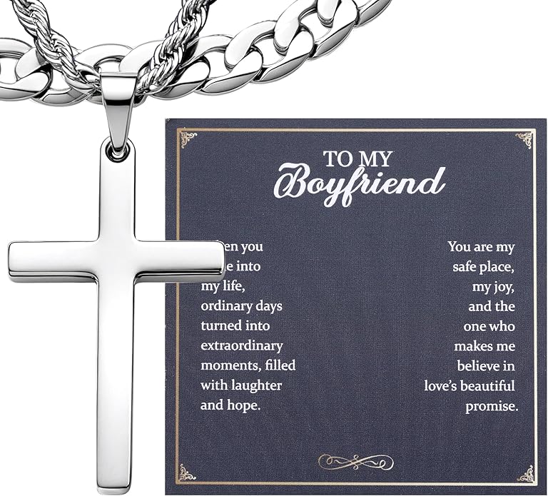 TEN MIRO Silver/Black Cross Necklace for Men Boy Stainless Steel Cross Pendant Necklace for Men Christian Religious Jewelry with Box & Card Birthday Anniversary Christmas Father's Day Gifts for Him