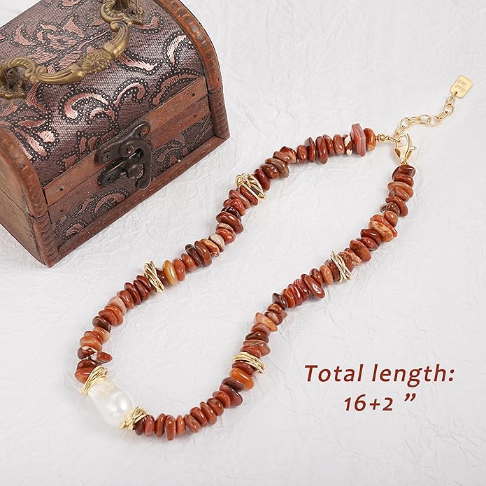 Chunky Statement Stone Beaded Necklace, Big Baroque Pearl Gold Choker, Trendy Boho Colorful Stone Jewelry