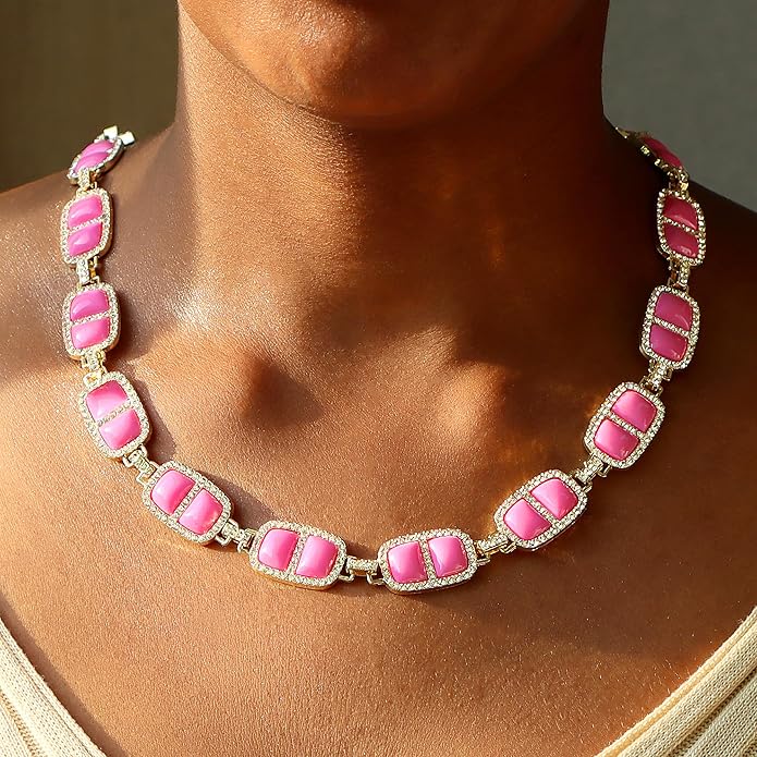 Chunky Necklace for Women 12 Colors Diamond Stone Gold Statement Necklace for Women Full Trendy Blue Birthstone Choker Necklace for Women Square Design Necklace Jewelry