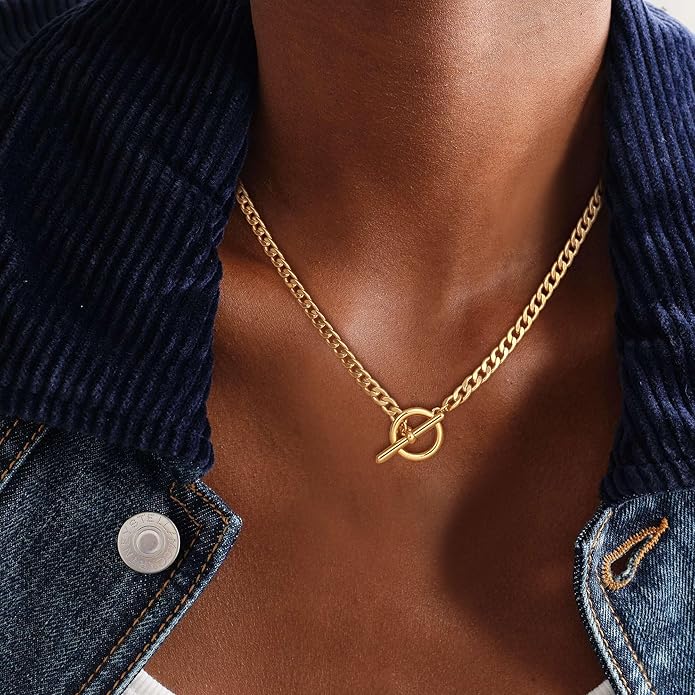 Gold Plated Necklaces for Women - Dainty Layered 14K Gold Plated Stack Paperclip Rope Cuban Toggle Link Chain Choker Necklace Set Chunky Trendy Jewelry Gift
