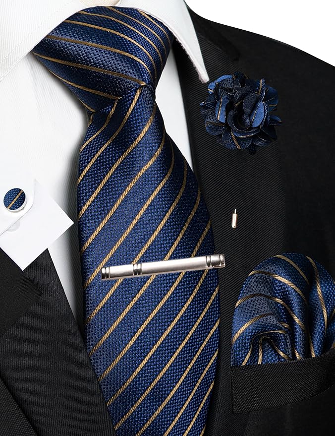 JEMYGINS Mens Tie and Pocket Square,Lapel Pin,Cufflinks,Tie Clip Sets with Gift Box 5PCS