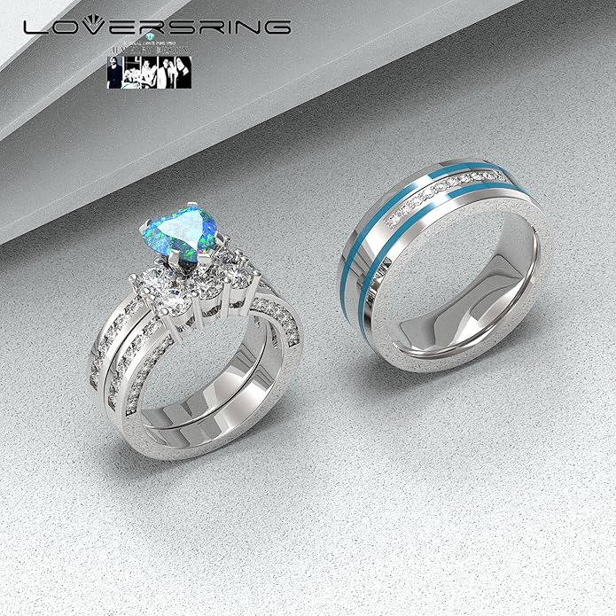 TWO RINGS Wedding Ring Sets His And Hers Promise Ring Couples Bridal Sets Women 925 Sterling Silver square Cz Man Stainless Steel Brushed Finished Wedding Bands