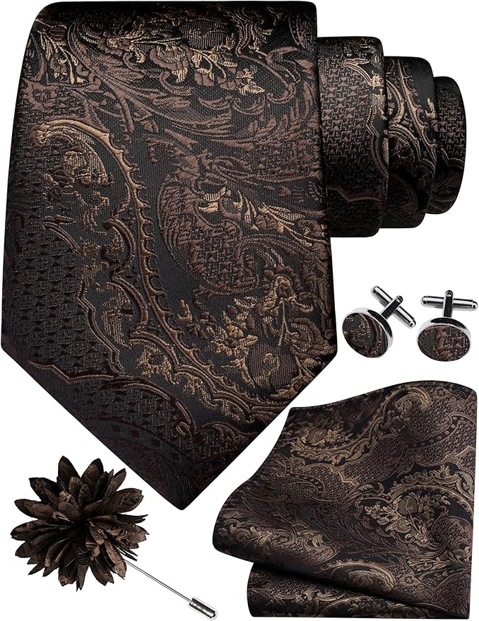 GUSLESON 8cm Paisley Tie Set for Men Necktie Lapel Pin Pocket Square Cufflinks Set for Men
