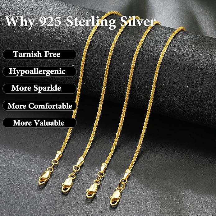 S925 Sterling Silver Sparkly Chain Necklace for Women - 0.8mm Sterling Silver Necklace Thick Sturdy Colourfast Chain Necklaces Jewelery for Women 16/18/20/22 Inch
