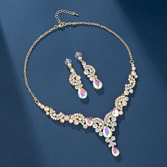 Paxuan Crystal Bridal Wedding Jewelry Sets for Women Rhinestone Teardrop Crystal Statement Choker Necklace Drop Earrings Link Bracelets Rings Teardrop Jewelry Set for Brides Bridesmaids