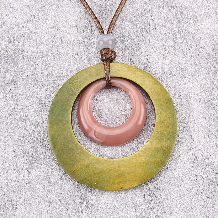 Long Boho Necklaces for Women Vintage Leather Wooden Pendant Y Choker Ethnic Style Gold Circle Hippie Sweater Necklace
