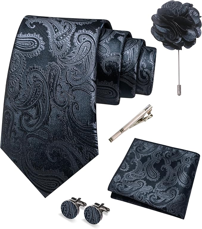 JEMYGINS Mens Paisley Tie and Pocket Square,Lapel Pin,Cufflinks,Tie Clip Sets with Gift Box 5PCS