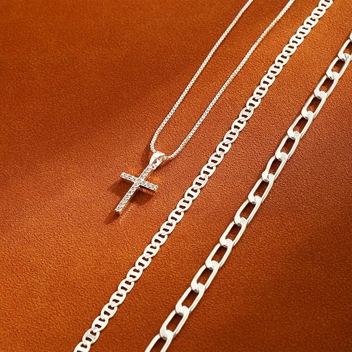 ASCOMY Gold Necklace for Women 14K Gold/Silver Plated Layered Necklaces Stackable Layering Cross Necklace Stacked Coin Pendant Pearl Herringbone Chain Stacking Gold Choker Trendy Jewelry Gift for Her