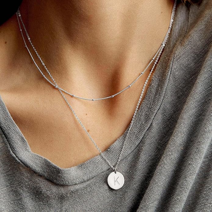 Initial Layered Necklaces for Women, 14K-Gold-Plated Coin Letter Necklace Bar Stacking Layer Necklace Multi Bar Layering Y-Necklaces Jewelry for Women