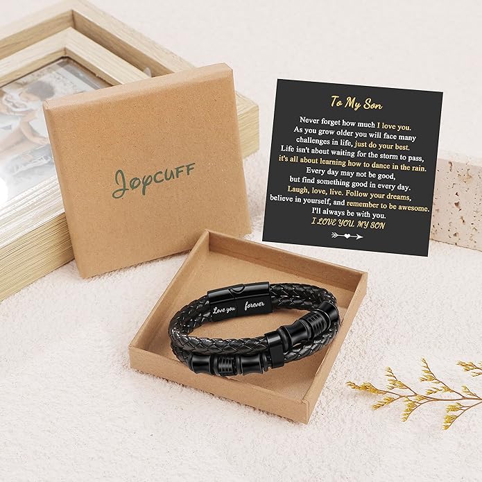 𝐆𝐢𝐟𝐭 𝐟𝐨𝐫 𝐌𝐞𝐧 Braided 𝐋𝐞𝐚𝐭𝐡𝐞𝐫 𝐁𝐫𝐚𝐜𝐞𝐥𝐞𝐭 for Men Dad Husband Boyfriend Son Grandson Brother Stainless Steel Clasp Engraved with Love You Forever Jewelry Birthday Gift 7.5 8.5 9 Inch
