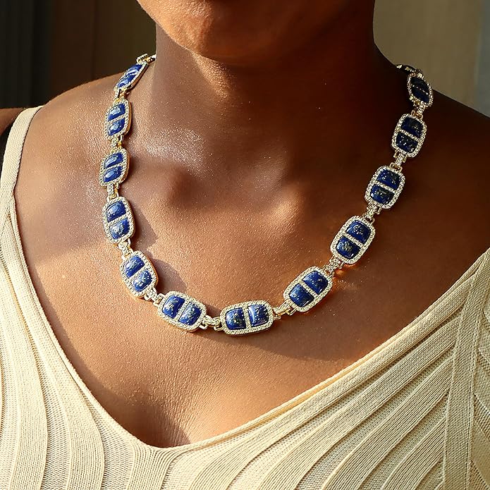 Chunky Necklace for Women 12 Colors Diamond Stone Gold Statement Necklace for Women Full Trendy Blue Birthstone Choker Necklace for Women Square Design Necklace Jewelry