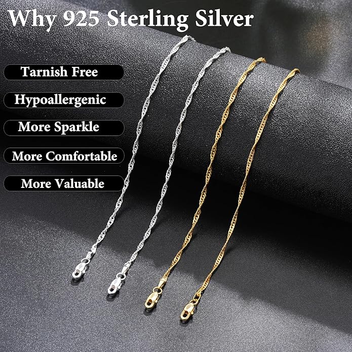 S925 Sterling Silver Wave Chain Necklace for Women - Sterling Silver Wave Chain Necklace Thick Sturdy Colourfast Necklaces Jewelery for Women 16/18/20/22 Inch