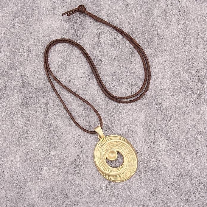 Long Boho Necklaces for Women Vintage Leather Wooden Pendant Y Choker Ethnic Style Gold Circle Hippie Sweater Necklace