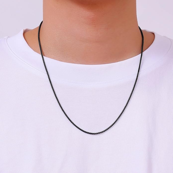 Fiusem Black Wheat Chains for Men and Women, 2/2.5/3/4/5mm Stainless Steel Necklace Chain, Mens Necklace Jewelry Gift 16-28 Inch
