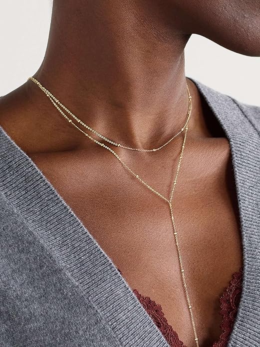 Foxgirl Lariat Gold Necklace for Women, Dainty Long Necklace 14k Gold Plated/Silver Y-Shaped Pendant Necklace Trendy Layered Cz Beaded Chain Drop Necklaces Simple Gold Jewelry For Women Gift