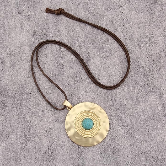Boho Necklaces for Women Chunky Circle Necklace Layered Boho Circle Leather Choker Necklace Long Vintage Necklaces Bohemian Jewlery Gifts