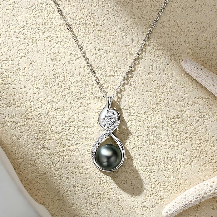 Tahitian Black Pearl Necklaces for Women, 925 Sterling Silver Pearl Pendant Necklace, Birthday Anniversary Jewelry Gifts for Wife Mom