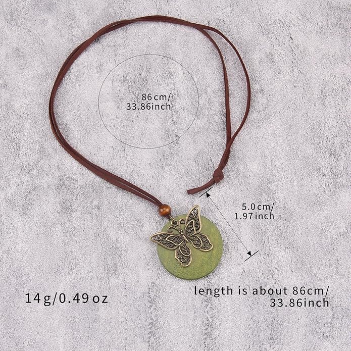 Long Boho Necklaces for Women Vintage Leather Wooden Pendant Y Choker Ethnic Style Gold Circle Hippie Sweater Necklace