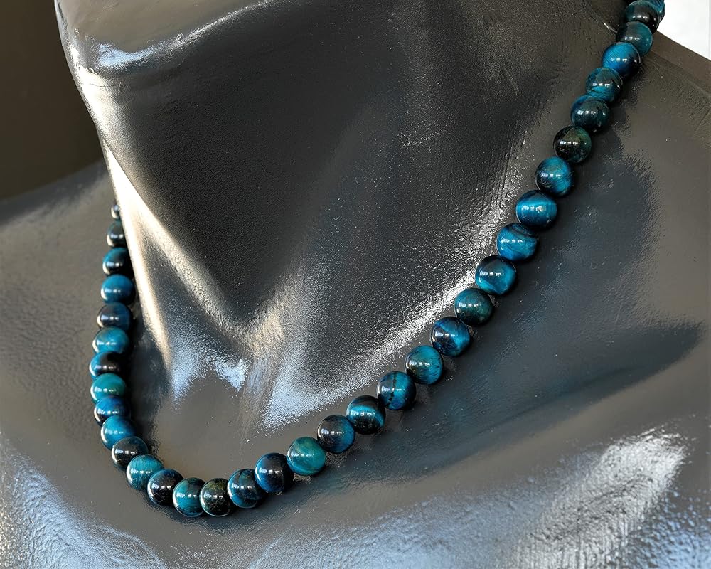 Natural Blue Tiger Eye Beaded Choker, Genuine Blue Crystal Necklace, Fancy Gemstone Choker, 8mm Beads, Unique Fashion Jewelry, Healing Crystal Necklace, Durable Stone Necklace, Capricorn Necklace