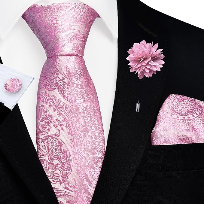 GUSLESON 8cm Paisley Tie Set for Men Necktie Lapel Pin Pocket Square Cufflinks Set for Men