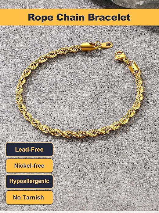 U7 Link Bracelets for Men, Cuban Link/Rope/Watch Band Solid Bracelet, Silver Black Gold Color Wrist Bracelet 3/6/9/12/15mm Width, 6.5/7.5/8.3 Inch Length, Hand Chain Jewelry for Mens Women